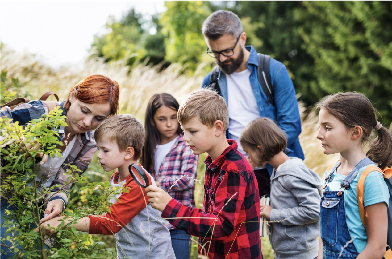 "Students exploring outdoors with a teacher"